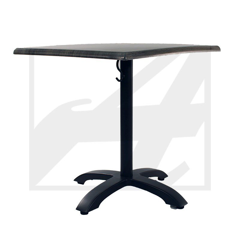 Black square table with a sturdy central pedestal base.