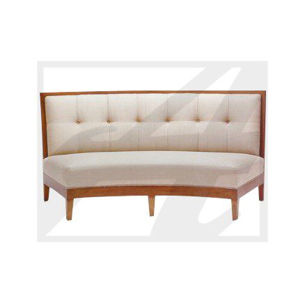 Elegant curved white sofa with wooden frame and tufted backrest.