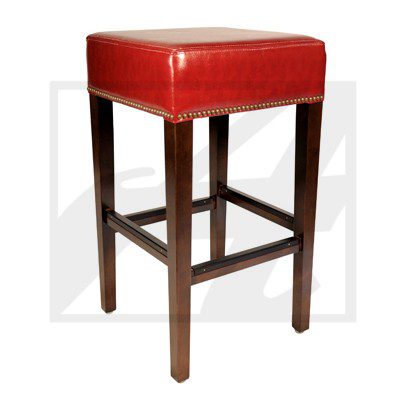 Tall wooden stool with a red cushioned seat.