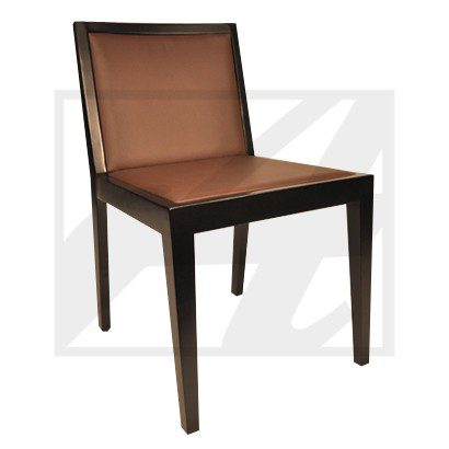 Modern brown leather dining chair with sleek wooden legs.