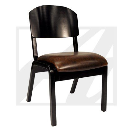 Modern black wooden chair with a curved backrest and brown cushioned seat.