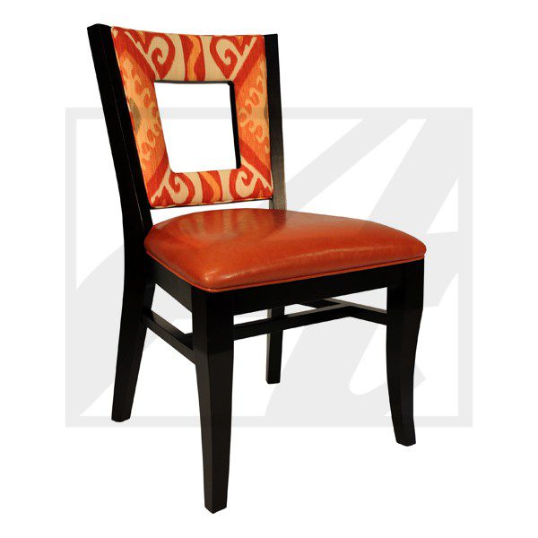 Elegant wooden chair with orange patterned upholstery.