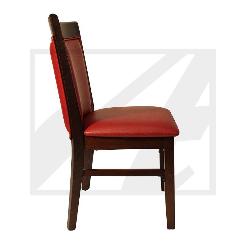 Wooden chair with red cushioned seat and backrest.