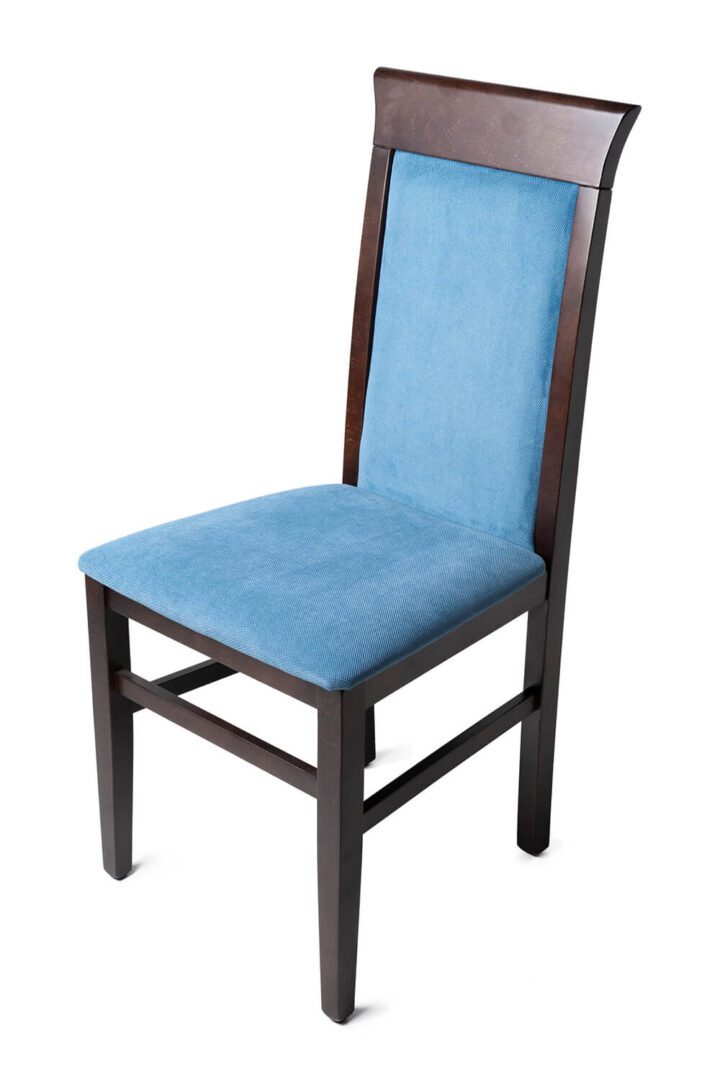 Elegant wooden chair with blue upholstered seat and backrest.