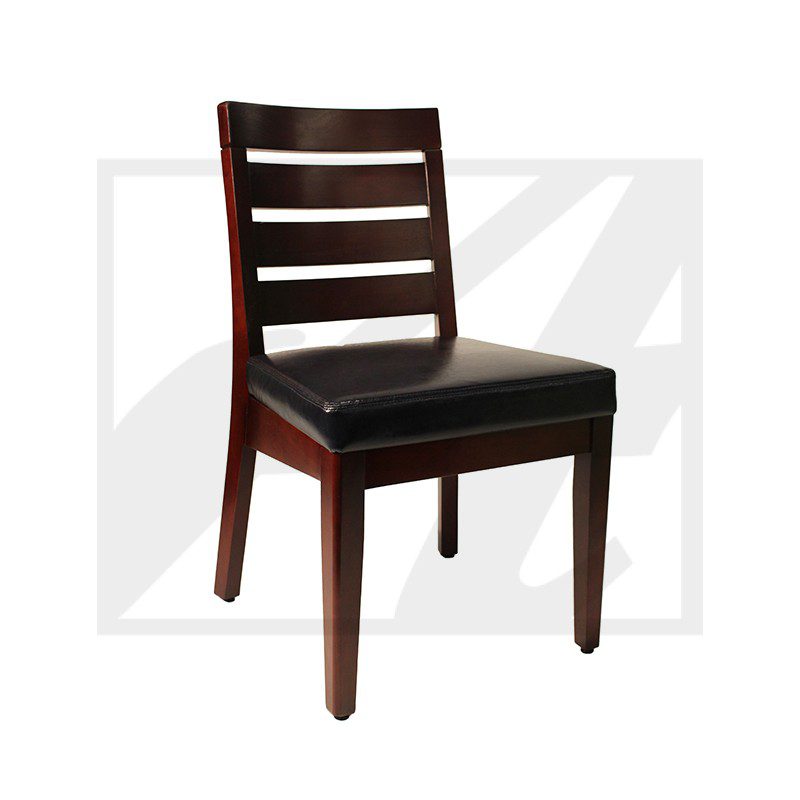 Wooden chair with a cushioned black seat and horizontal back slats.