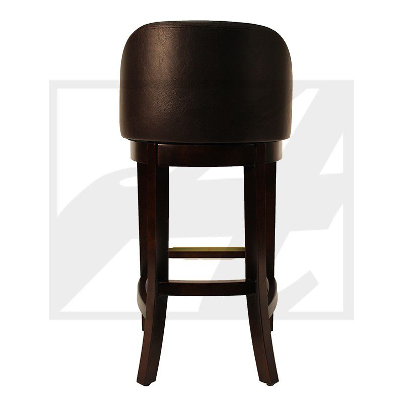 A dark wooden bar stool with a cushioned backrest and seat.