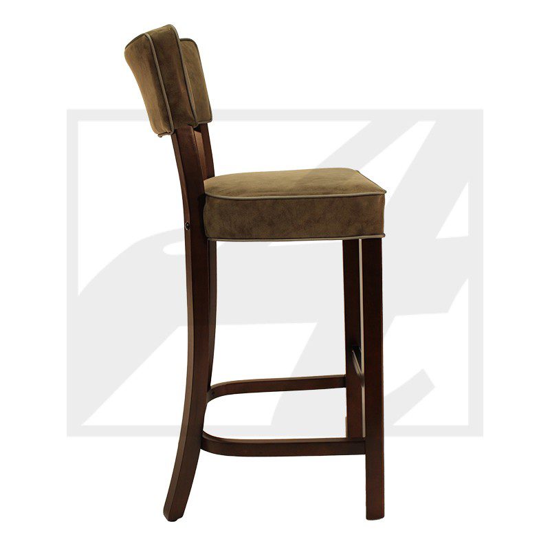 Wooden bar stool with cushioned seat and backrest in side view.