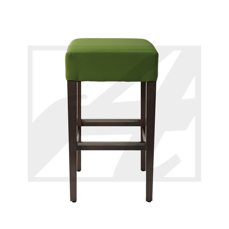 Bar stool with green cushion and dark wooden legs.