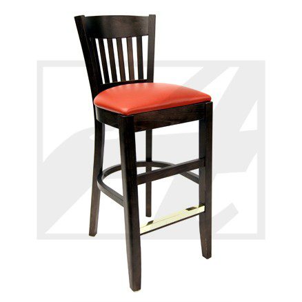 Tall wooden bar stool with red cushioned seat and vertical slats on backrest.
