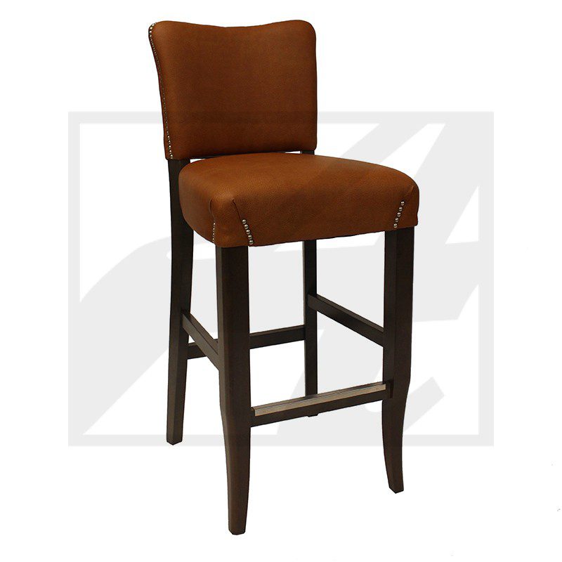 Brown upholstered bar stool with dark wooden legs and backrest.