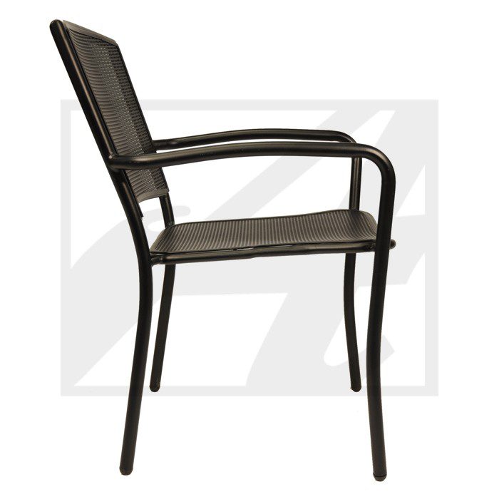 Modern black metal chair with armrests and mesh seating.