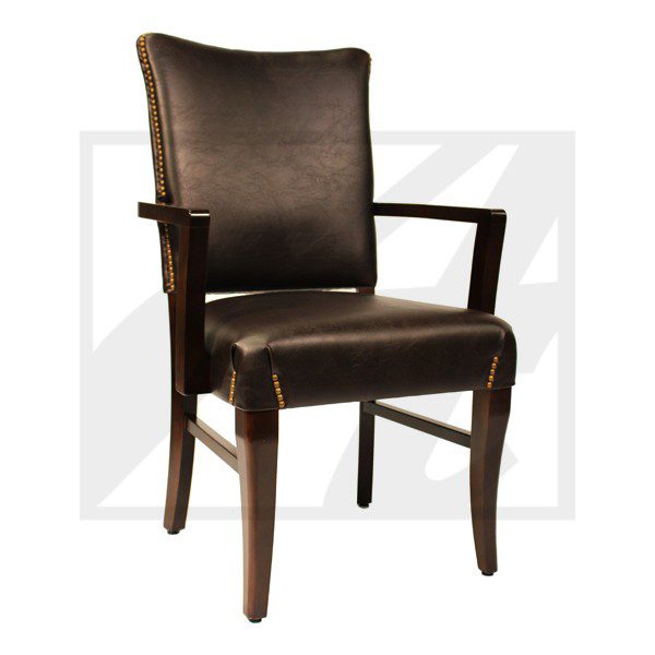 Elegant dark brown leather armchair with wooden frame.