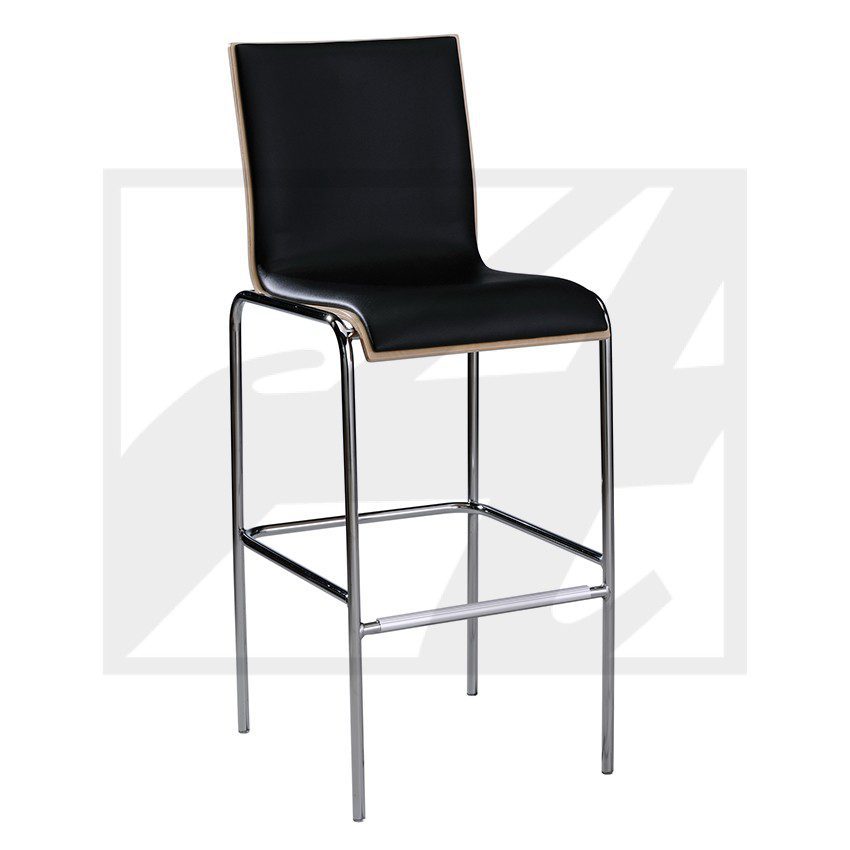 Modern black bar stool with chrome legs and footrest.