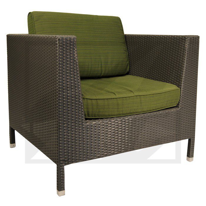 Modern dark wicker armchair with green cushions.