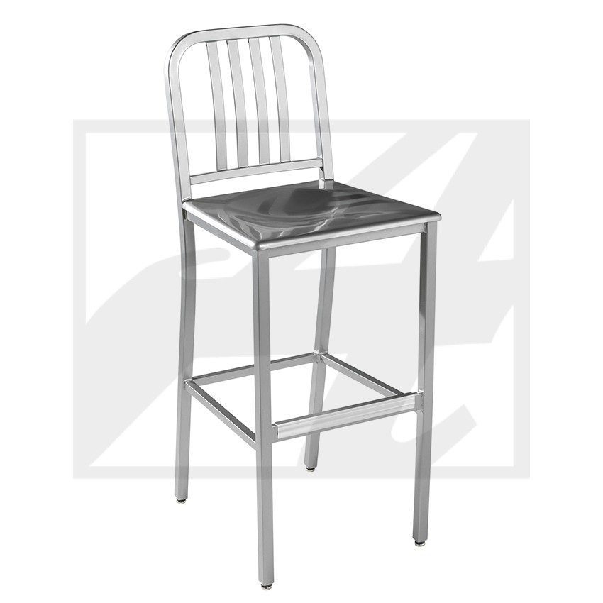 A metal bar stool with a backrest and footrest.
