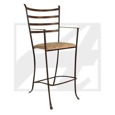 A metal bar stool with a woven seat and ladder-back design.