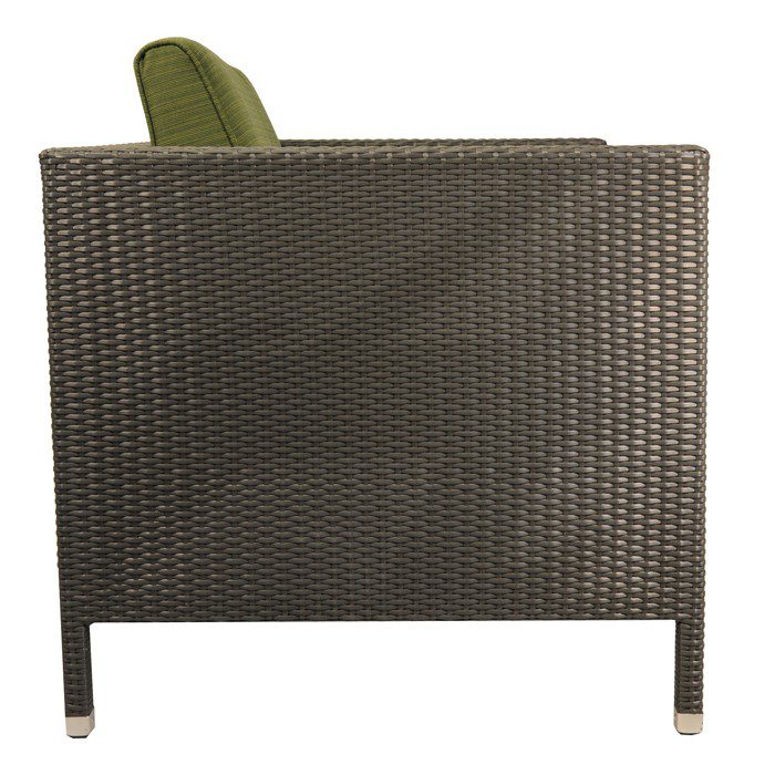 Side view of a brown wicker outdoor chair with an olive-green cushion.