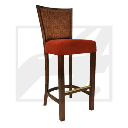 Elegant wooden bar stool with a woven backrest and red cushioned seat.