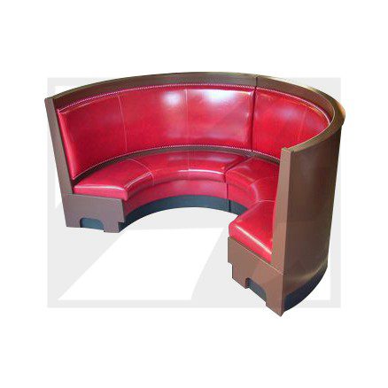 Red semi-circular booth seating with high brown backrest.