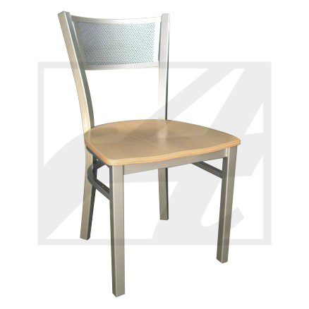 A simple wooden chair with a metal frame and backrest.