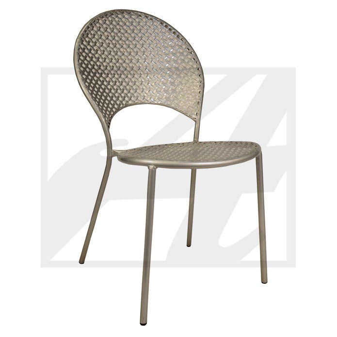 Modern beige outdoor chair with woven backrest and metal legs.
