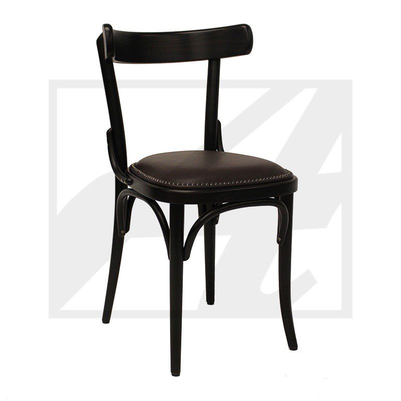 Black wooden chair with curved backrest and woven seat.