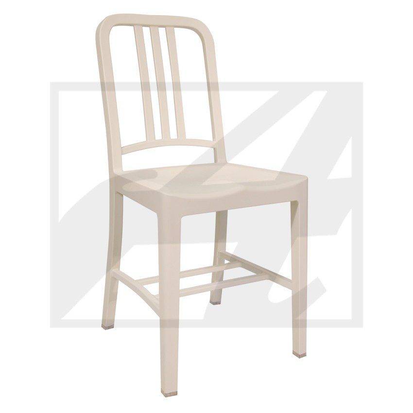 Simple beige wooden chair with vertical slats and square legs.
