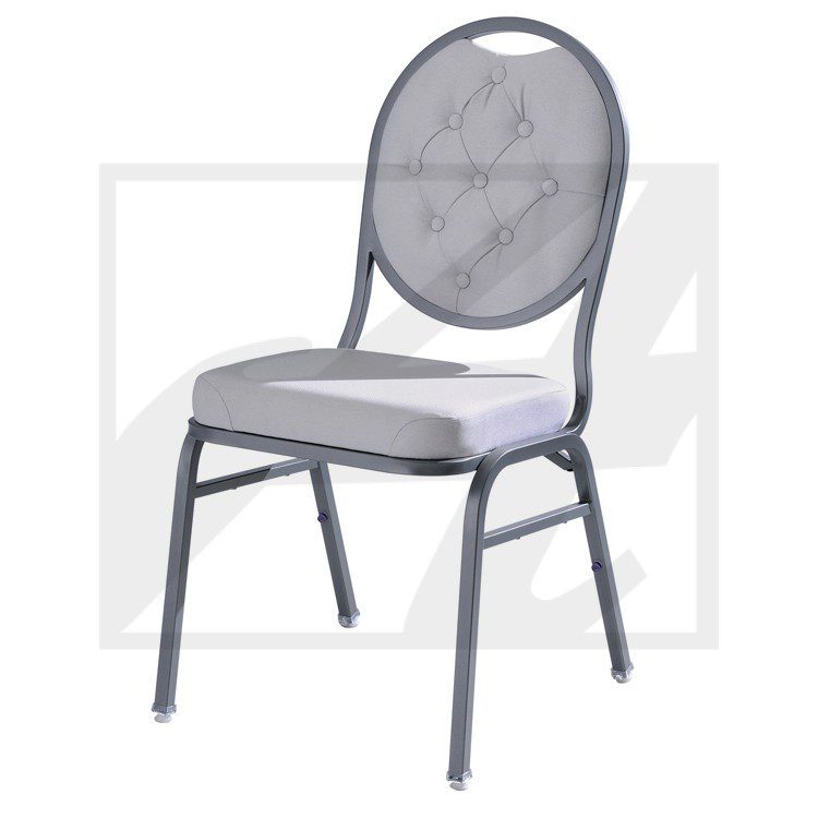 A gray padded banquet chair with metal frame and mesh backrest.
