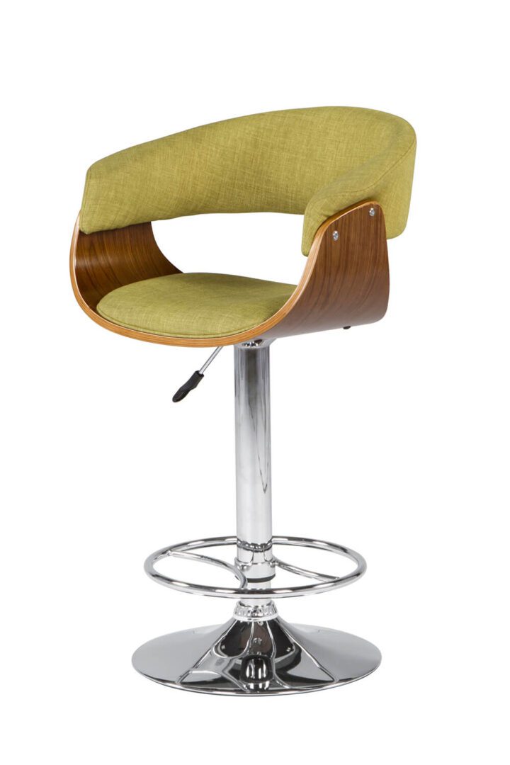 Modern green and wood swivel bar stool with chrome base.