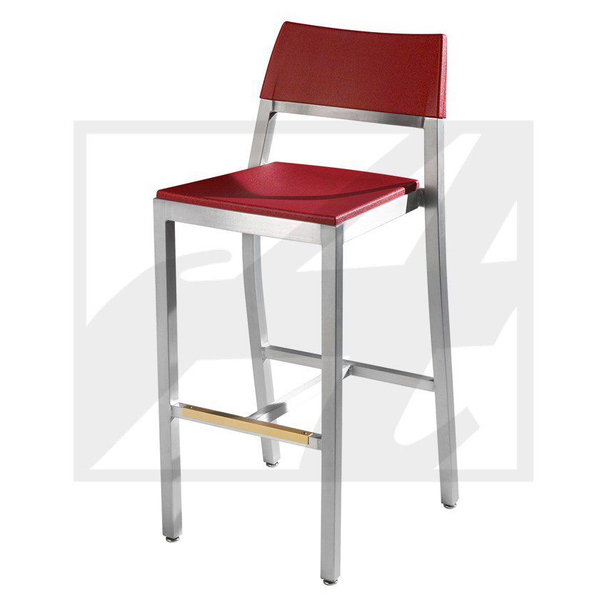 Modern bar stool with red seat and backrest, metallic legs, and wooden footrest.