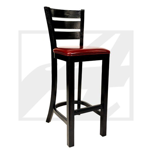 Black wooden bar stool with a red cushioned seat.