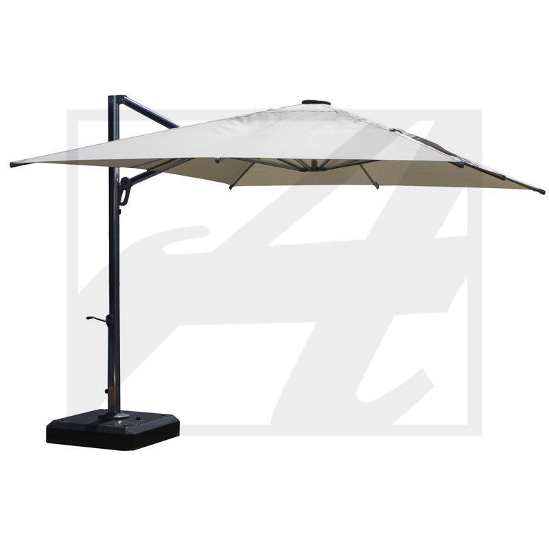Modern cantilever patio umbrella with a weighted base for outdoor use.