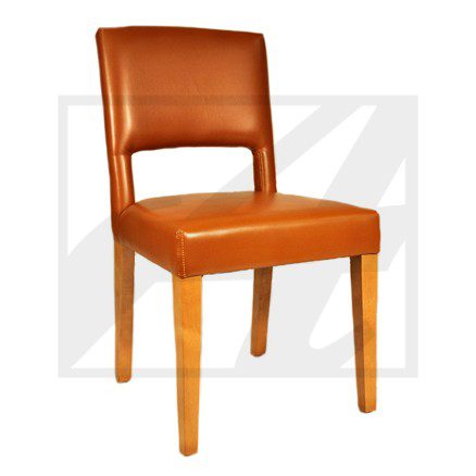 A sleek brown leather dining chair with wooden legs.