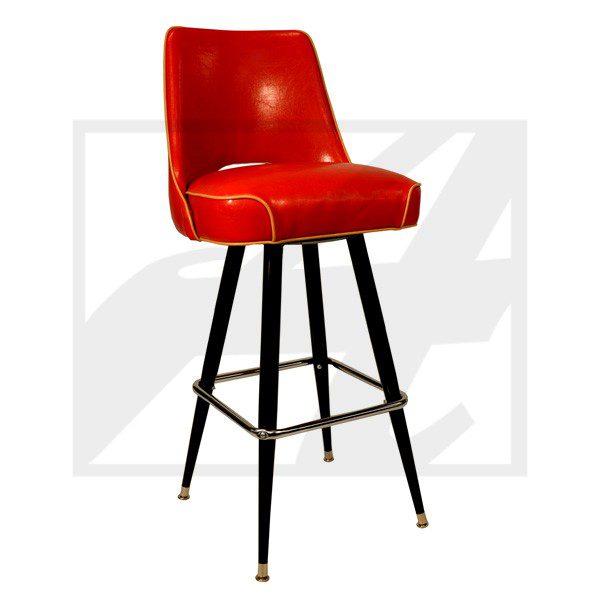 Red cushioned bar stool with black legs and gold accents.