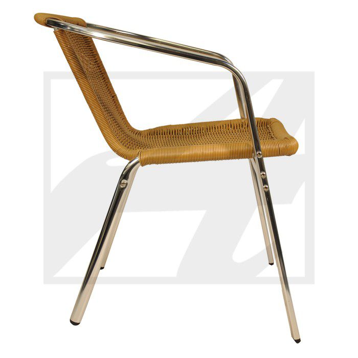 Modern chair with metal frame and brown cushioned seat and backrest.
