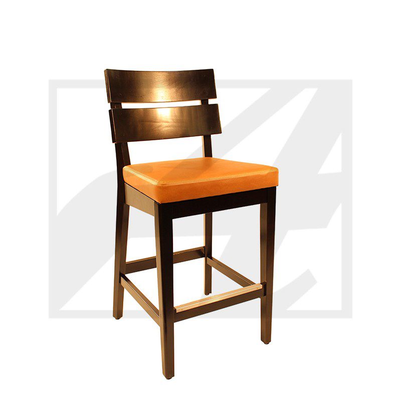 Wooden bar stool with a cushioned orange seat and backrest slats.