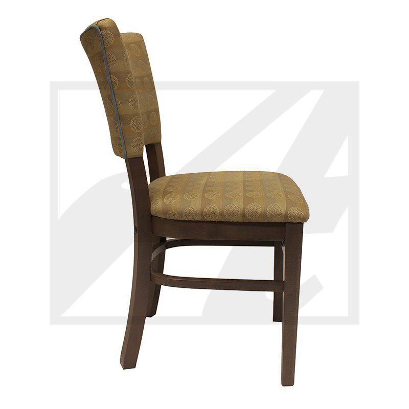Side view of a cushioned dining chair with wooden frame.