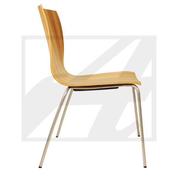 Side view of a modern wooden chair with metal legs.