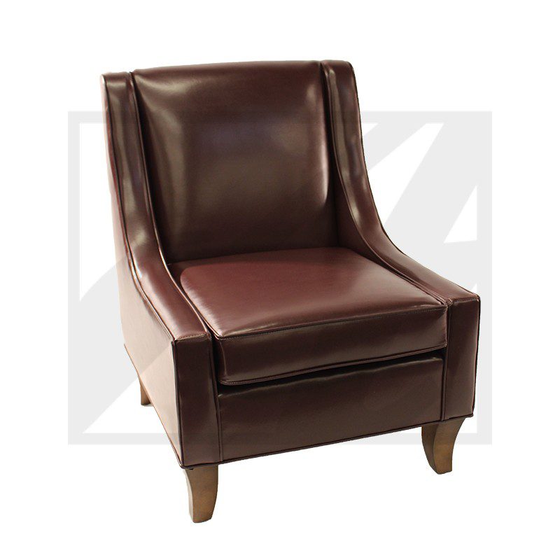 Brown leather armchair with wooden legs.