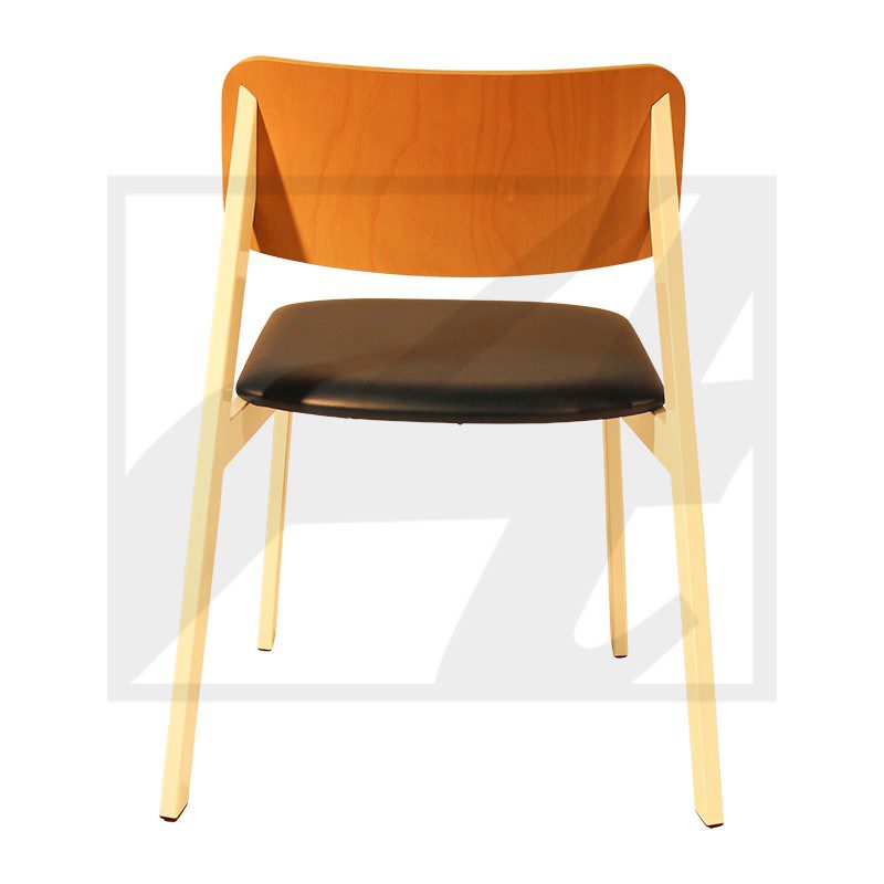 Modern wooden chair with orange backrest and black seat cushion.