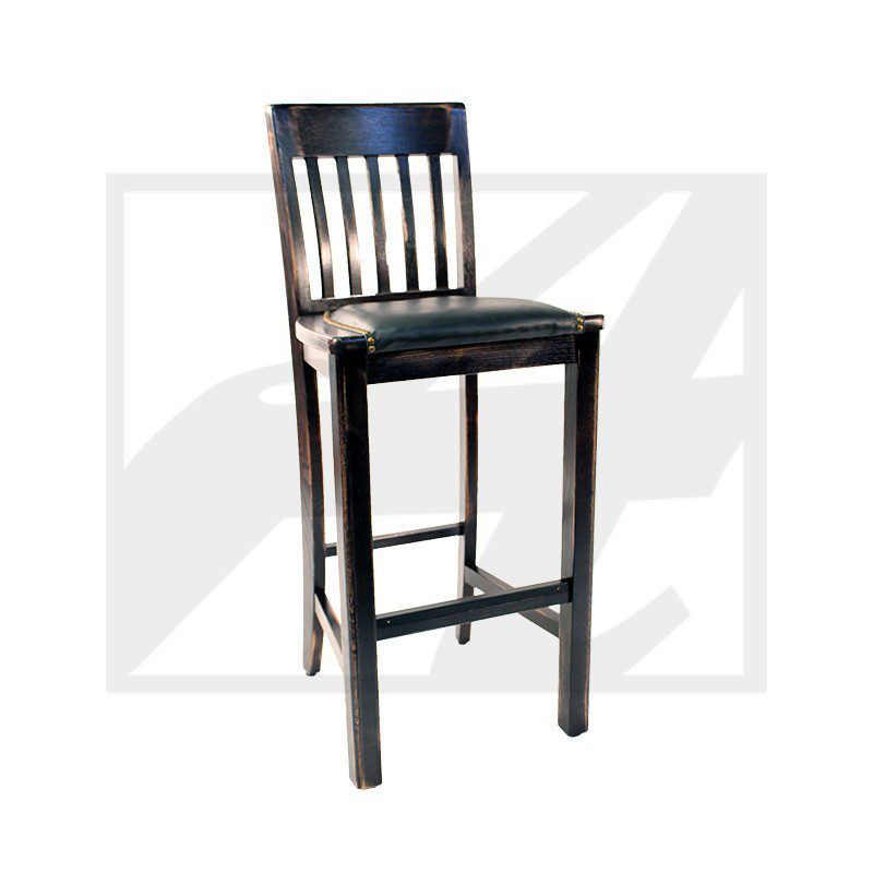 Tall black wooden bar stool with a slatted backrest.