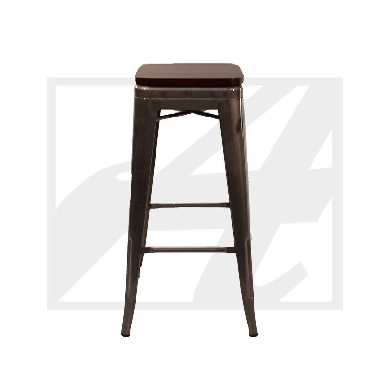 A tall, dark brown wooden bar stool with a square seat and four legs.