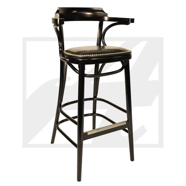 Elegant wooden bar stool with a curved backrest and footrest.