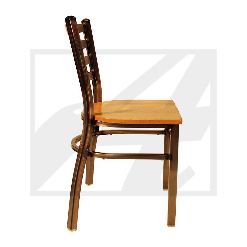 Side view of a wooden chair with a cushioned seat.