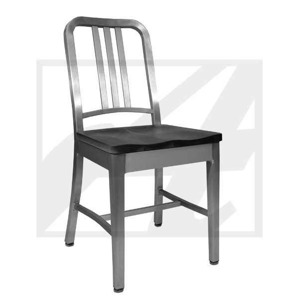 Simple metal chair with a black seat and backrest slats.