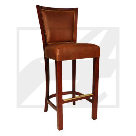 Classic brown leather bar stool with wooden legs and footrest.