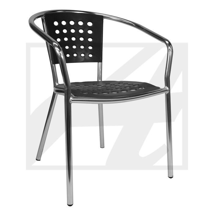 Modern black metal chair with perforated backrest and sleek design.