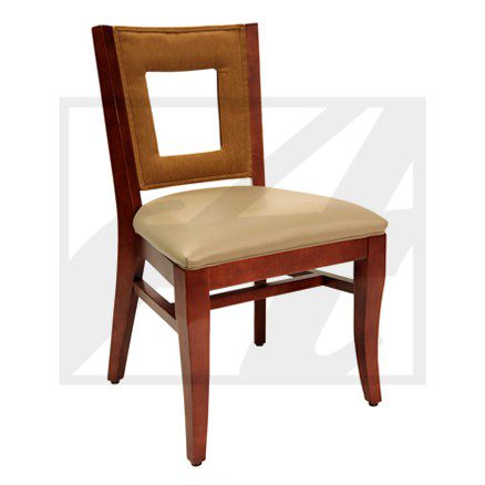 Wooden chair with cushioned seat and open back design.