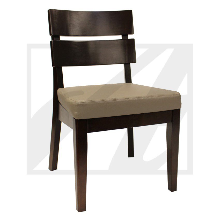 Wooden chair with cushioned seat and slatted backrest.