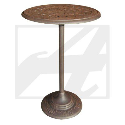 Round wooden pedestal table with a single central support.